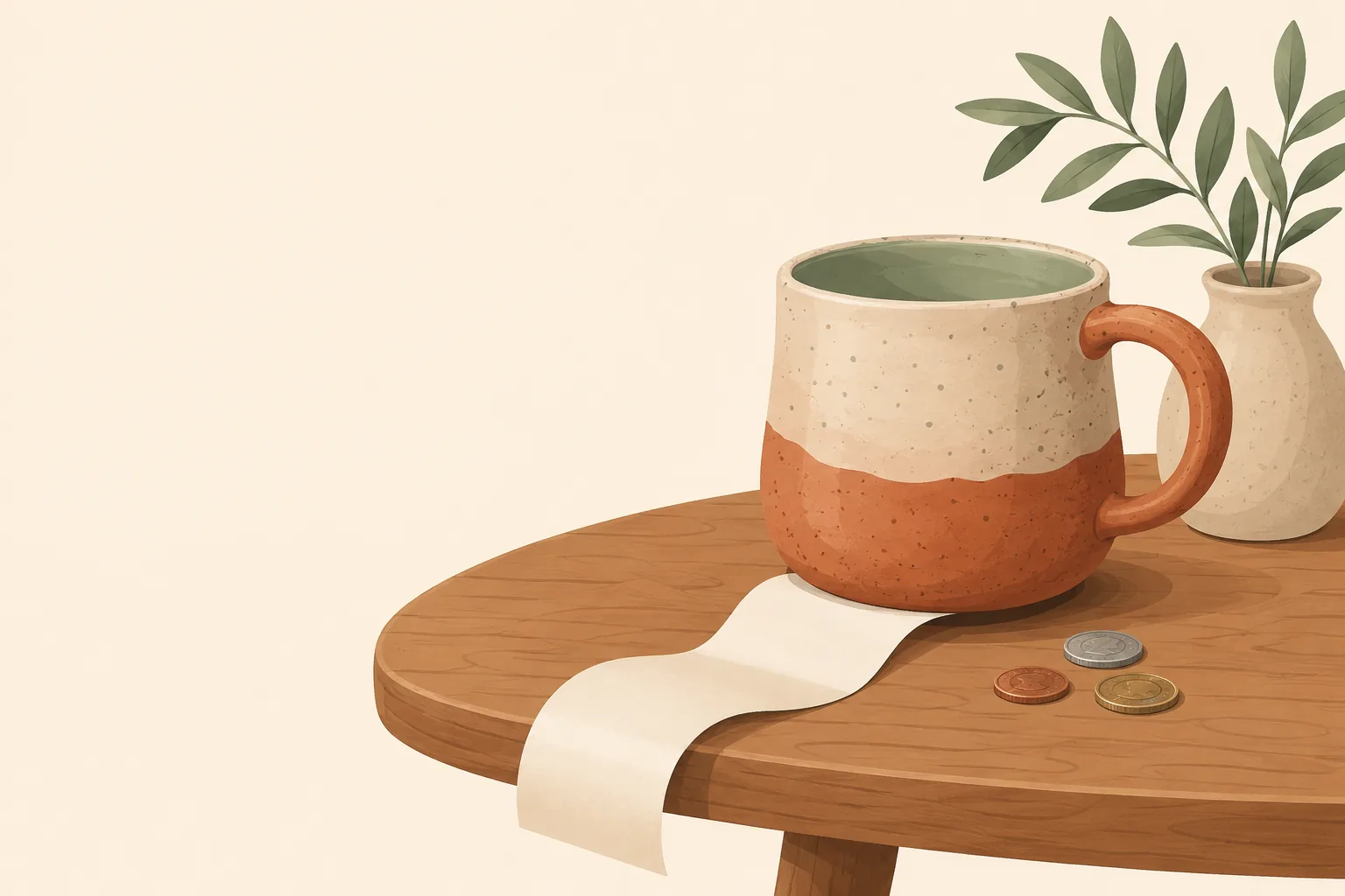 A handmade ceramic mug on a wooden table with a paper receipt and a few coins